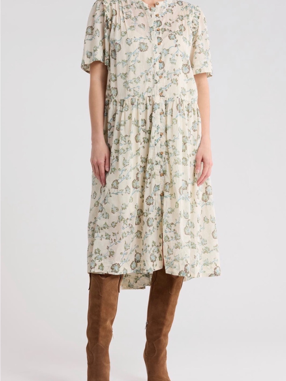 Free people Cream Floral Button-Front Midi Dress